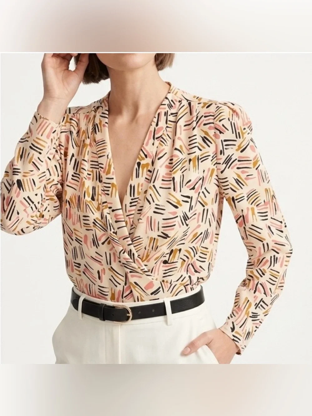 Cabi Marni Brushstroke Abstract Faux Wrap Crossover Blouse Womens Size XL